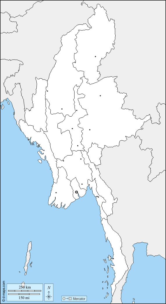 Birmania Myanmar : d-maps.com: mappa gratuita, mappa muta gratuita, cartina muta gratuita : frontiere, divisioni, principali città