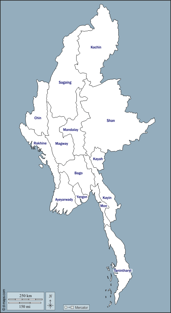 Birmania Myanmar : d-maps.com: mappa gratuita, mappa muta gratuita, cartina muta gratuita : contorni, divisioni, nomi