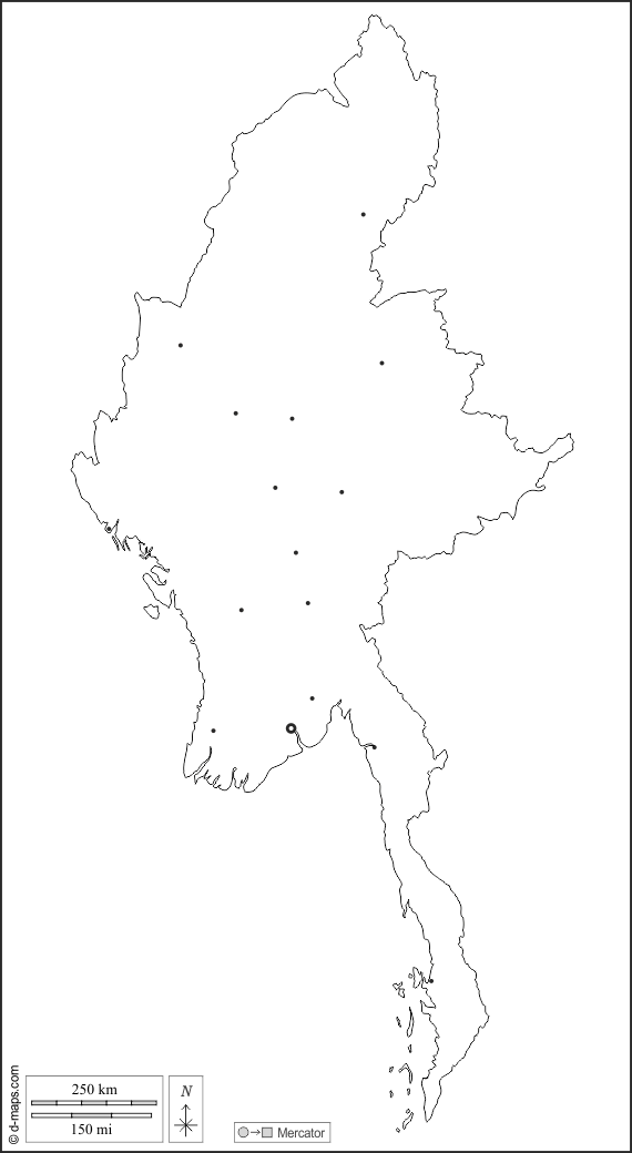 Birmania Myanmar : d-maps.com: mappa gratuita, mappa muta gratuita, cartina muta gratuita : contorni, principali città, bianco