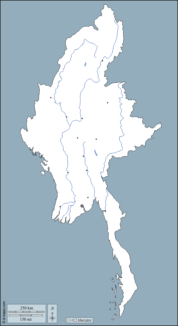 Birmania Myanmar : d-maps.com: mappa gratuita, mappa muta gratuita, cartina muta gratuita : contorni, idrografia, principali città