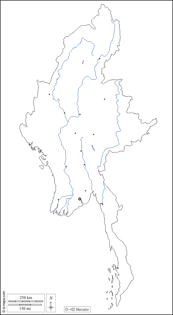Birmania Myanmar : d-maps.com: mappa gratuita, mappa muta gratuita, cartina muta gratuita : contorni, idrografia, principali città, bianco