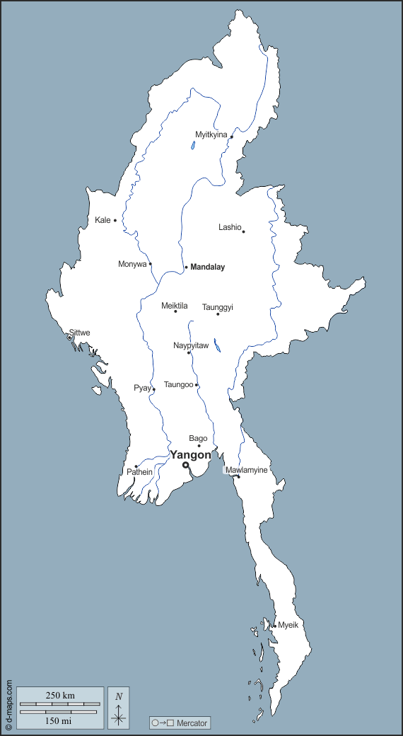 Birmania Myanmar : d-maps.com: mappa gratuita, mappa muta gratuita, cartina muta gratuita : contorni, idrografia, principali città, nomi