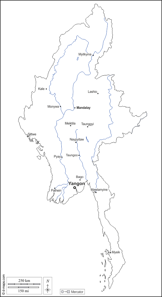 Birmania Myanmar : d-maps.com: mappa gratuita, mappa muta gratuita, cartina muta gratuita : contorni, idrografia, principali città, nomi, bianco