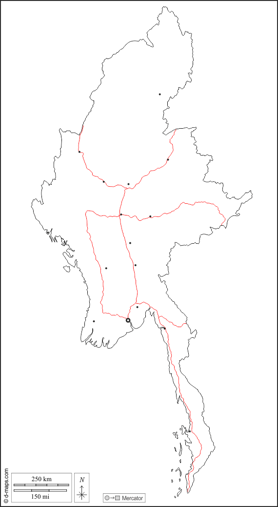 Birmania Myanmar : d-maps.com: mappa gratuita, mappa muta gratuita, cartina muta gratuita : contorni, principali città, strade, bianco