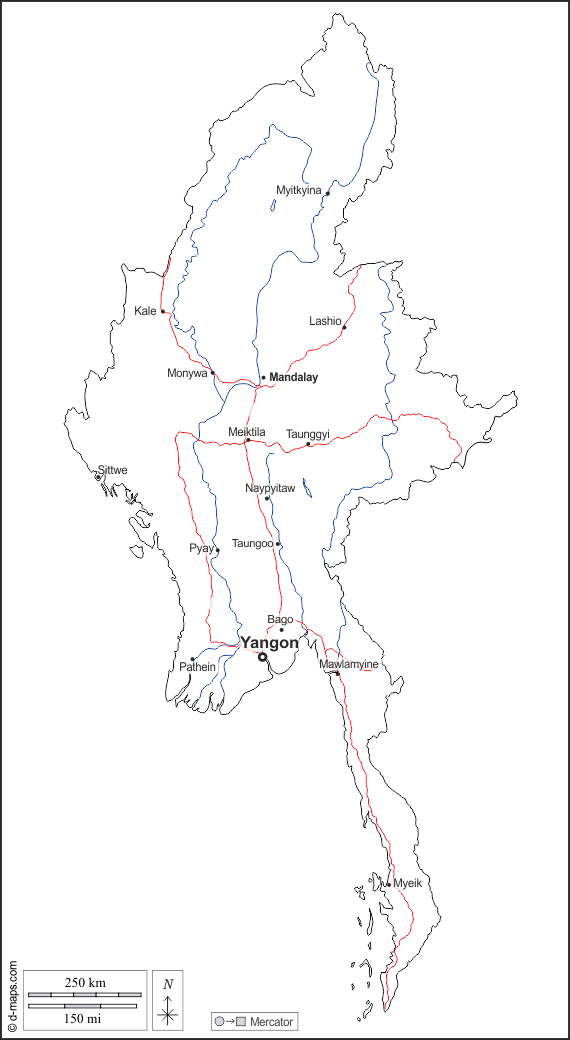 Birmania Myanmar : d-maps.com: mappa gratuita, mappa muta gratuita, cartina muta gratuita : contorni, idrografia, principali città, strade, nomi, bianco