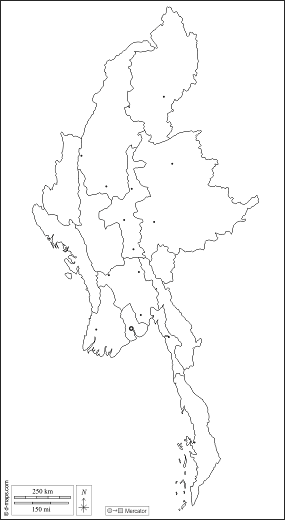 Birmania Myanmar : d-maps.com: mappa gratuita, mappa muta gratuita, cartina muta gratuita : contorni, divisioni, principali città, bianco