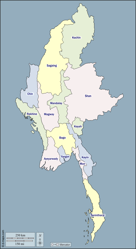Birmania Myanmar : d-maps.com: mappa gratuita, mappa muta gratuita, cartina muta gratuita : contorni, divisioni, nomi, colore