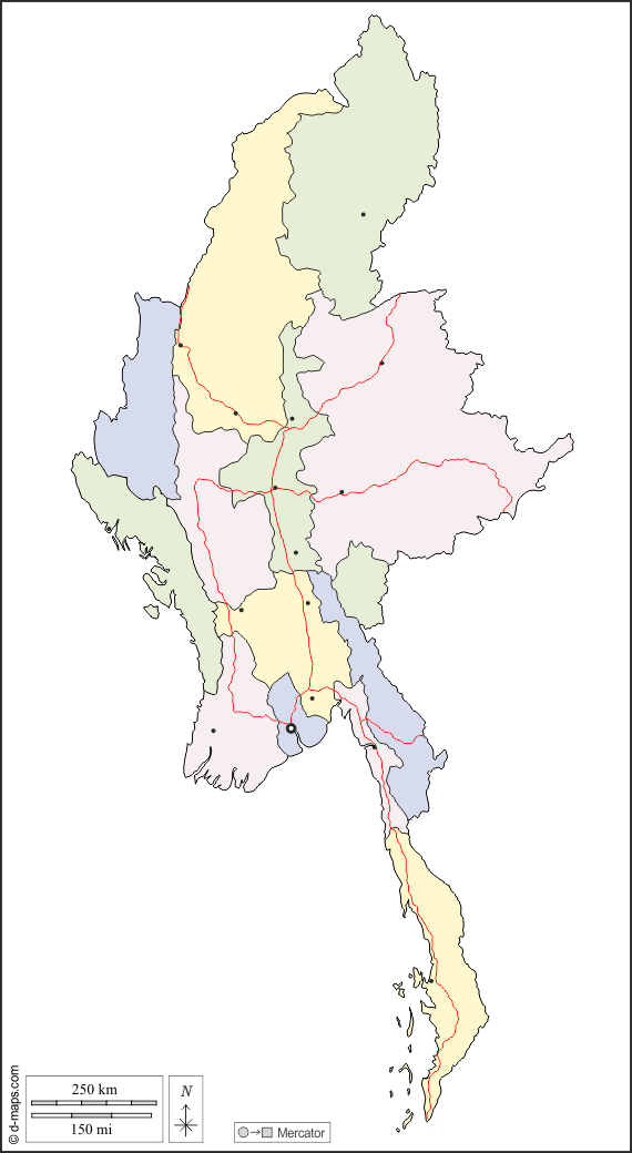 Birma Myanmar : d-maps.com: Kostenlose Karten, kostenlose stumme Karte, kostenlose unausgefüllt Landkarte, kostenlose hochauflösende Umrisskarte : Umrisse, Abteilungen, Wichtige Städte, Straßen, Farbe, weiß