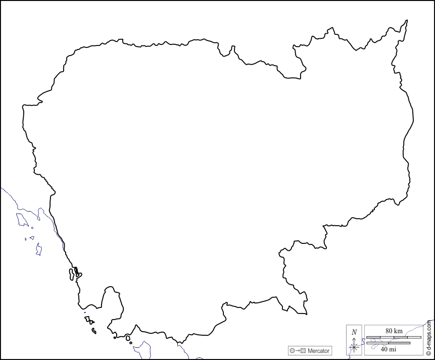 Cambogia : d-maps.com: mappa gratuita, mappa muta gratuita, cartina muta gratuita : litorali, limiti
