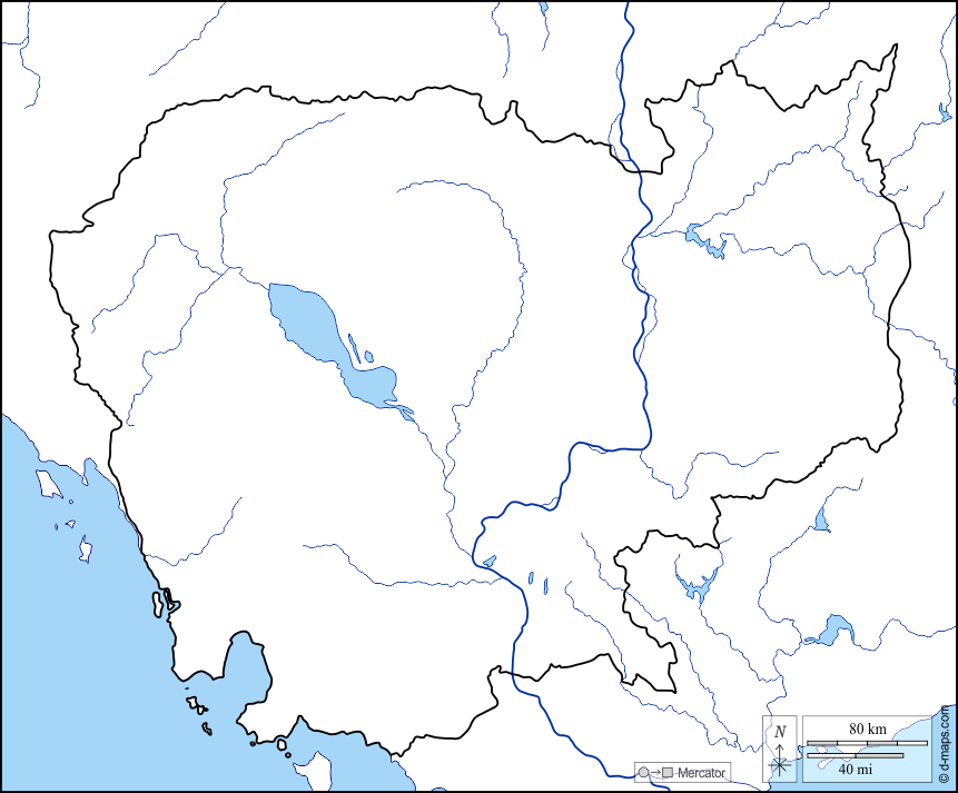 Kambodscha : d-maps.com: Kostenlose Karten, kostenlose stumme Karte, kostenlose unausgefüllt Landkarte, kostenlose hochauflösende Umrisskarte : Küsten, Grenzen, Hydrografie