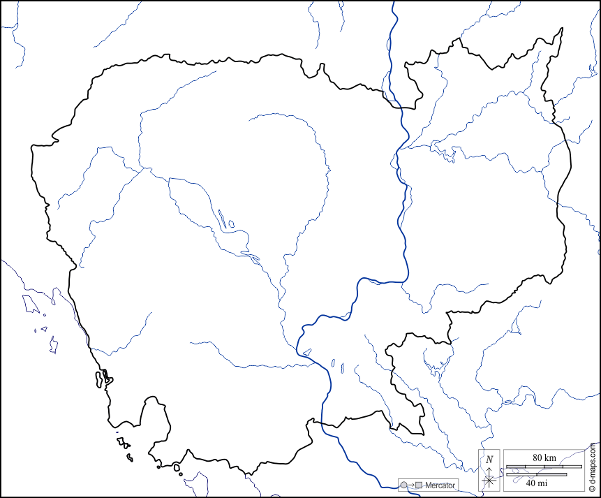 Cambogia : d-maps.com: mappa gratuita, mappa muta gratuita, cartina muta gratuita : litorali, limiti, idrografia, bianco