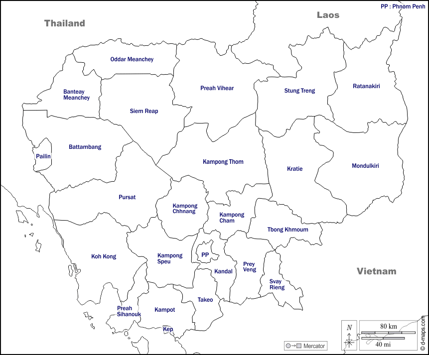 Cambogia : d-maps.com: mappa gratuita, mappa muta gratuita, cartina muta gratuita : frontiere, province, nomi, bianco