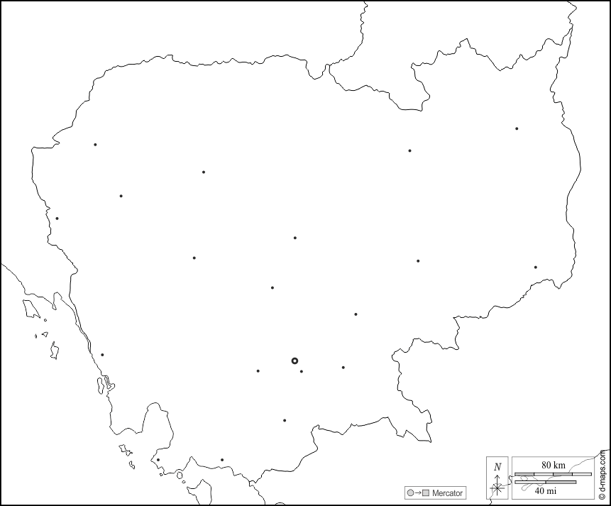 Cambogia : d-maps.com: mappa gratuita, mappa muta gratuita, cartina muta gratuita : frontiere, principali città, bianco