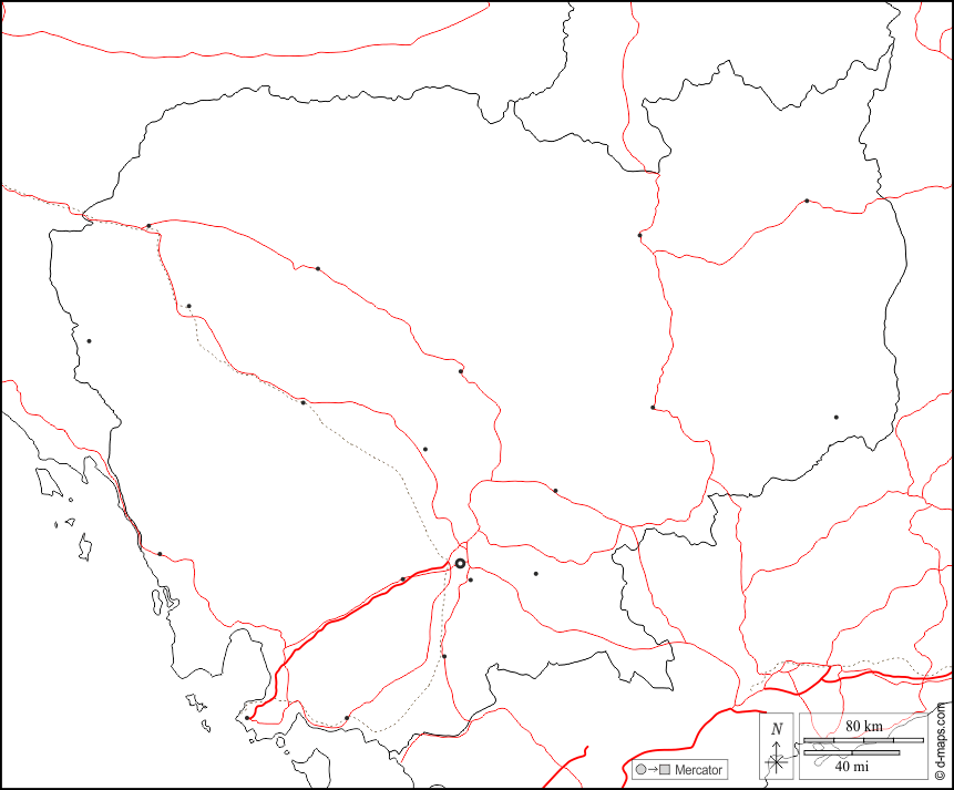 Cambogia : d-maps.com: mappa gratuita, mappa muta gratuita, cartina muta gratuita : frontiere, principali città, strade, bianco