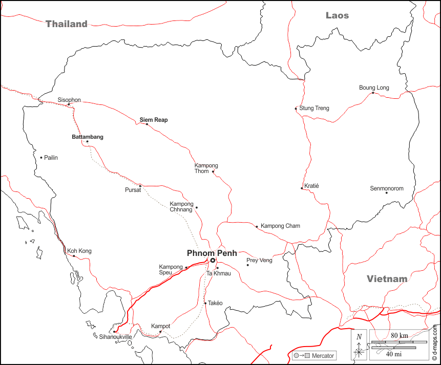 Cambogia : d-maps.com: mappa gratuita, mappa muta gratuita, cartina muta gratuita : frontiere, principali città, strade, nomi, bianco