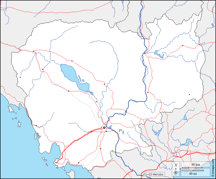 Cambogia : d-maps.com: mappa gratuita, mappa muta gratuita, cartina muta gratuita : frontiere, idrografia, principali città, strade