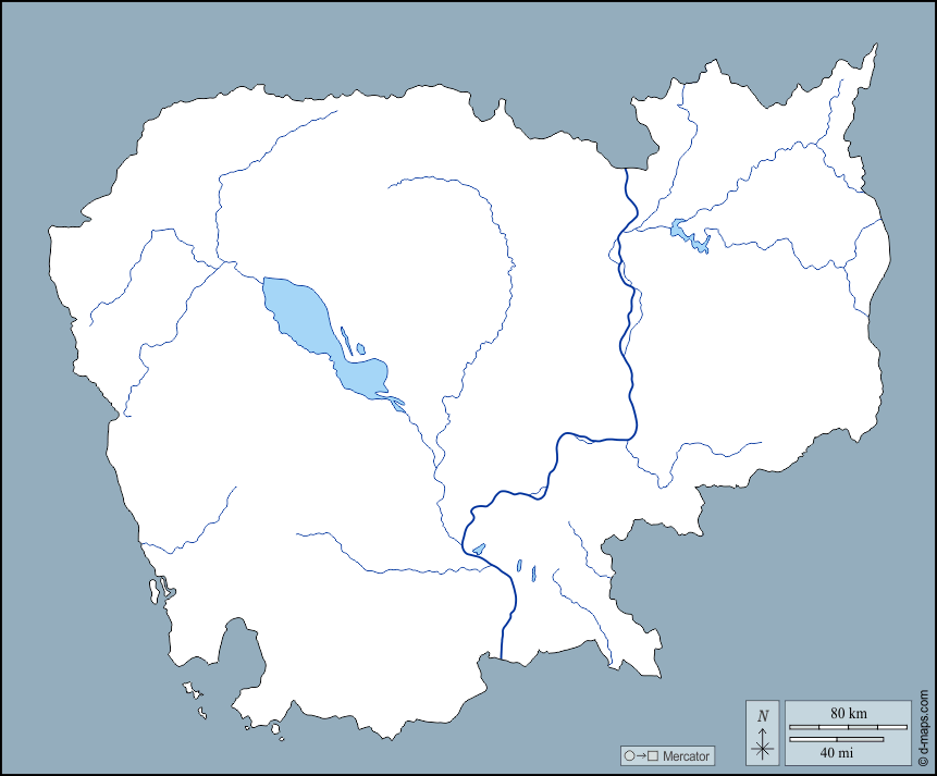 Cambogia : d-maps.com: mappa gratuita, mappa muta gratuita, cartina muta gratuita : contorni, idrografia