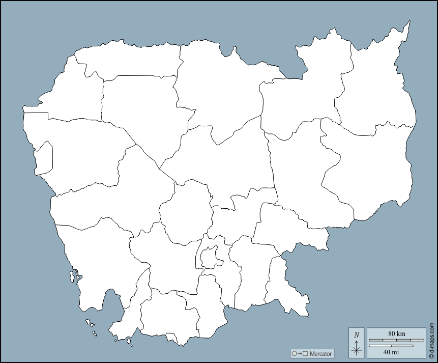 Cambogia : d-maps.com: mappa gratuita, mappa muta gratuita, cartina muta gratuita : contorni, province