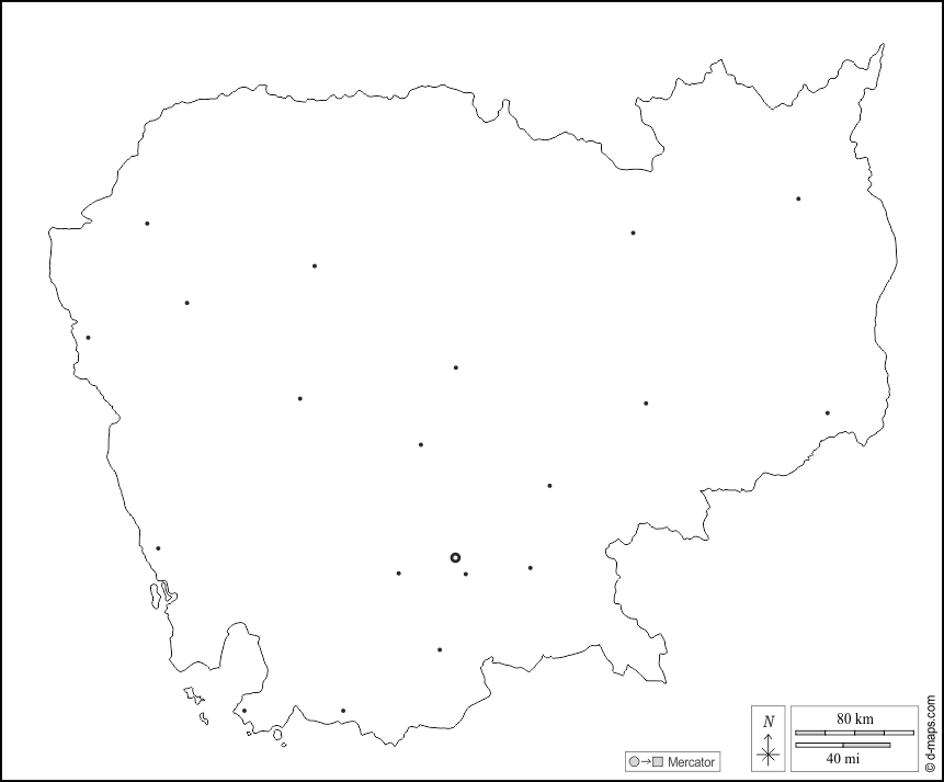 Cambogia : d-maps.com: mappa gratuita, mappa muta gratuita, cartina muta gratuita : contorni, principali città, bianco