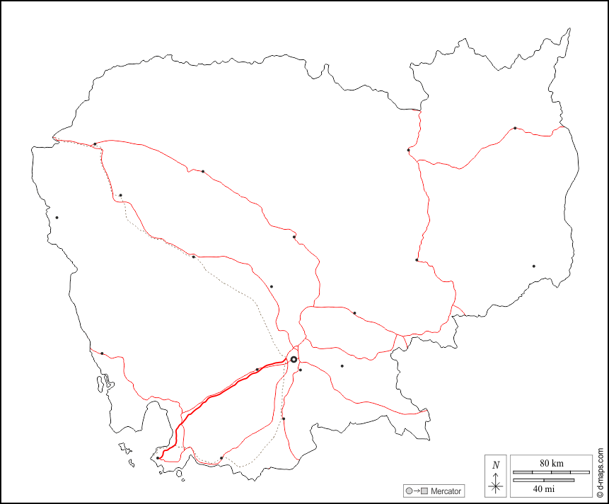 Cambogia : d-maps.com: mappa gratuita, mappa muta gratuita, cartina muta gratuita : contorni, principali città, strade, bianco