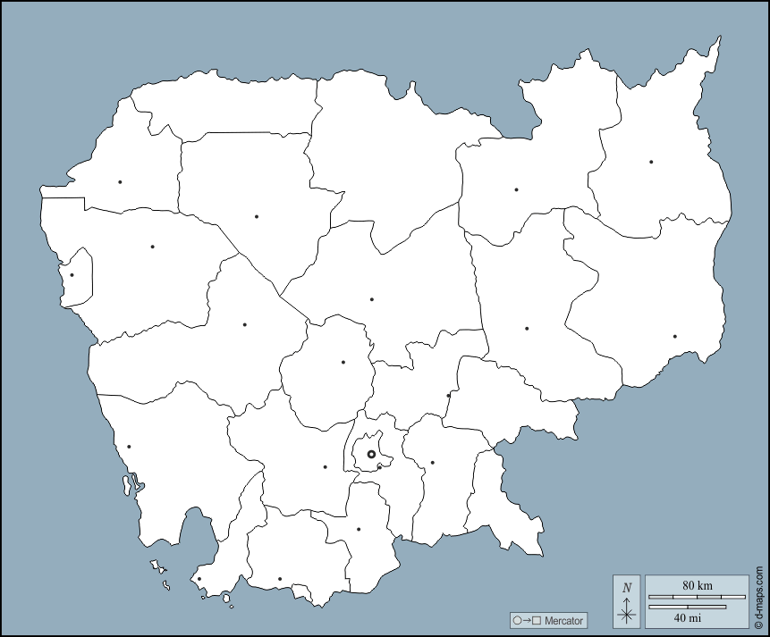 Cambogia : d-maps.com: mappa gratuita, mappa muta gratuita, cartina muta gratuita : contorni, province, principali città