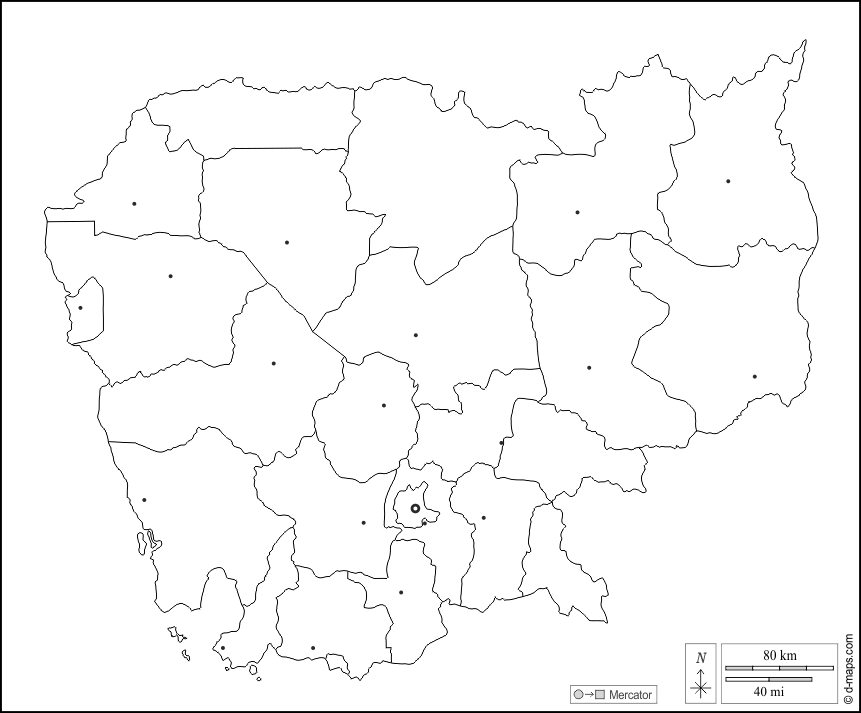 Cambogia : d-maps.com: mappa gratuita, mappa muta gratuita, cartina muta gratuita : contorni, province, principali città, bianco