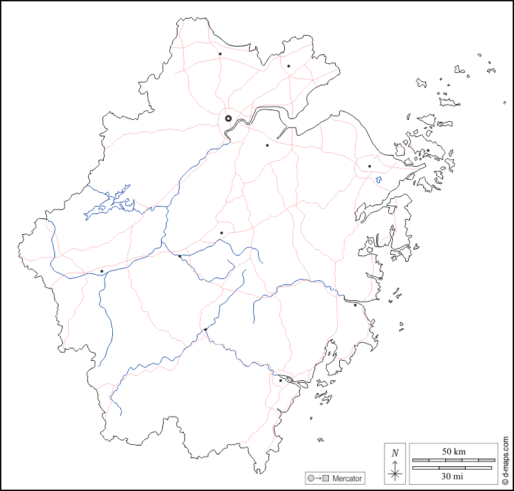 浙江省 : 免费地图, 免费的空白地图, 免费的轮廓地图, 免费基地地图