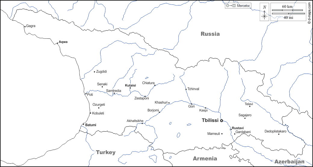 Georgia : d-maps.com: mappa gratuita, mappa muta gratuita, cartina muta gratuita : frontiere, idrografia, principali città, nomi, bianco