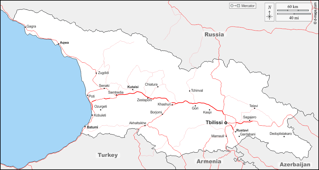 Georgia : d-maps.com: mappa gratuita, mappa muta gratuita, cartina muta gratuita : frontiere, principali città, strade, nomi