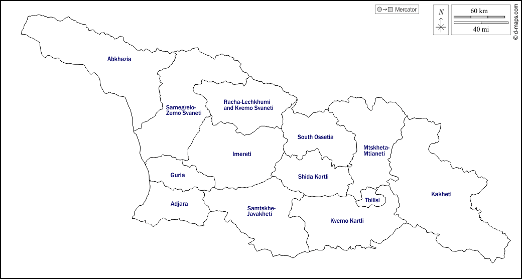 Georgia : d-maps.com: mappa gratuita, mappa muta gratuita, cartina muta gratuita : contorni, regioni, nomi, bianco