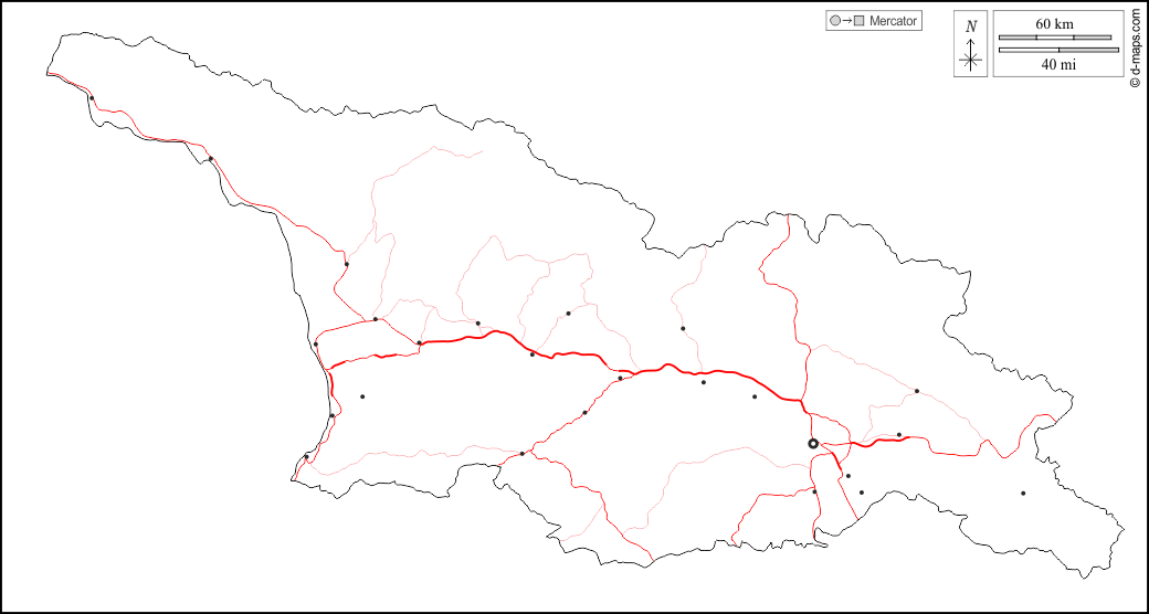 Georgia : d-maps.com: mappa gratuita, mappa muta gratuita, cartina muta gratuita : contorni, principali città, strade, bianco