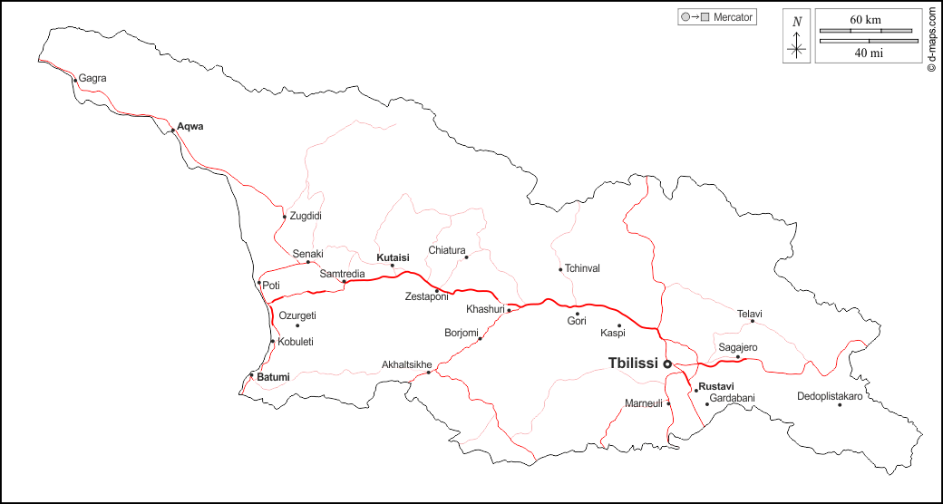 Georgia : d-maps.com: mappa gratuita, mappa muta gratuita, cartina muta gratuita : contorni, principali città, strade, nomi, bianco