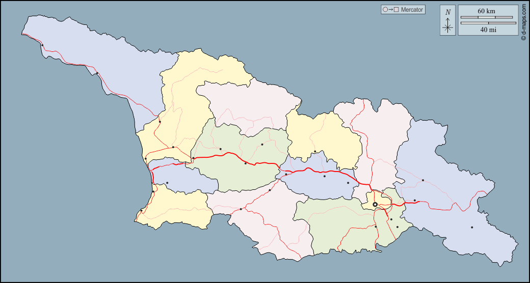 Georgia : d-maps.com: mappa gratuita, mappa muta gratuita, cartina muta gratuita : contorni, regioni, principali città, strade, colore