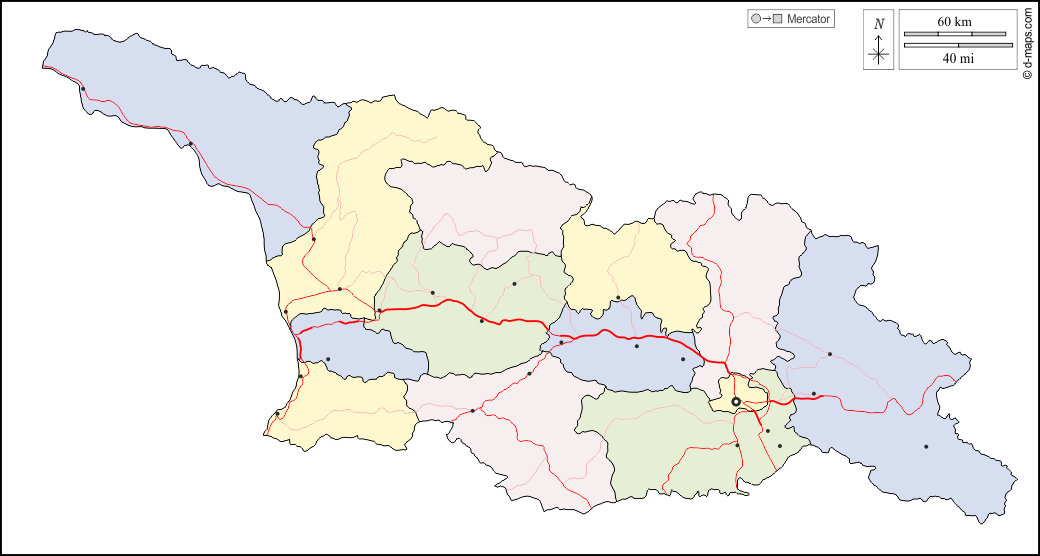 Georgia : d-maps.com: mappa gratuita, mappa muta gratuita, cartina muta gratuita : contorni, regioni, principali città, strade, colore, bianco