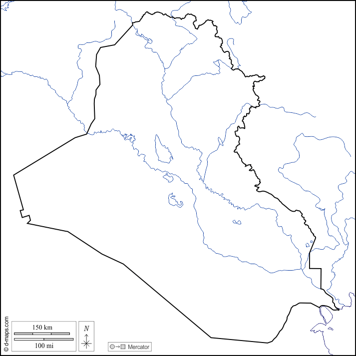 Iraq : d-maps.com: mappa gratuita, mappa muta gratuita, cartina muta gratuita : litorali, limiti, idrografia, bianco