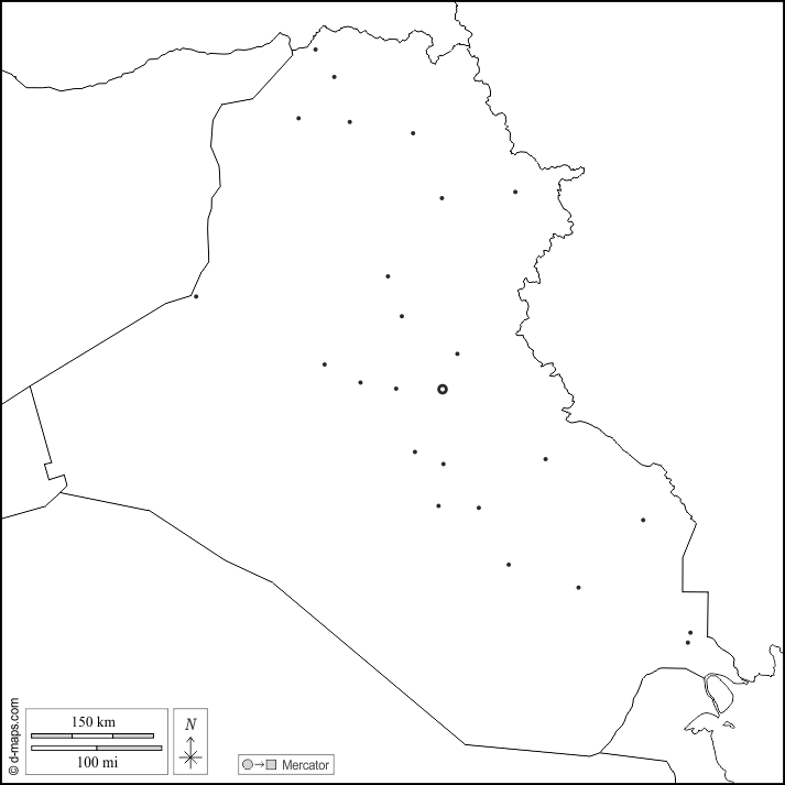 Iraq : d-maps.com: mappa gratuita, mappa muta gratuita, cartina muta gratuita : frontiere, principali città, bianco