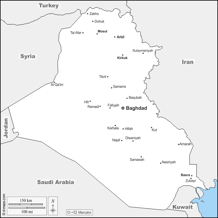 Iraq : d-maps.com: mappa gratuita, mappa muta gratuita, cartina muta gratuita : frontiere, principali città, nomi