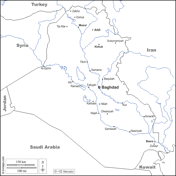 Iraq : d-maps.com: mappa gratuita, mappa muta gratuita, cartina muta gratuita : frontiere, idrografia, principali città, nomi, bianco