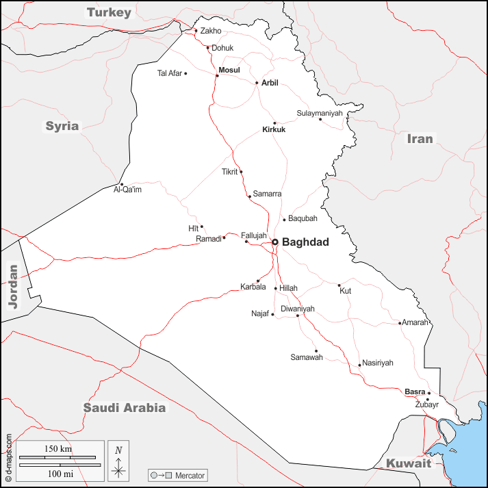 Iraq : d-maps.com: mappa gratuita, mappa muta gratuita, cartina muta gratuita : frontiere, principali città, strade, nomi