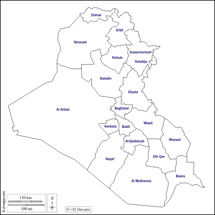Iraq : d-maps.com: mappa gratuita, mappa muta gratuita, cartina muta gratuita : contorni, province, nomi, bianco