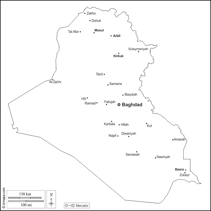 Iraq : d-maps.com: mappa gratuita, mappa muta gratuita, cartina muta gratuita : contorni, principali città, nomi, bianco