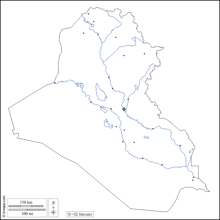 Iraq : d-maps.com: mappa gratuita, mappa muta gratuita, cartina muta gratuita : contorni, idrografia, principali città, bianco