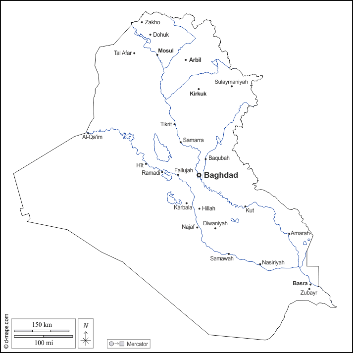 Iraq : d-maps.com: mappa gratuita, mappa muta gratuita, cartina muta gratuita : contorni, idrografia, principali città, nomi, bianco