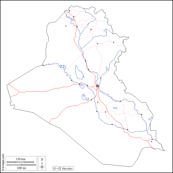 Iraq : d-maps.com: mappa gratuita, mappa muta gratuita, cartina muta gratuita : contorni, idrografia, principali città, strade, bianco