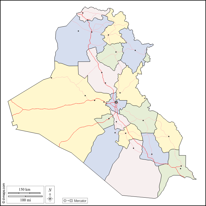 Iraq : d-maps.com: mappa gratuita, mappa muta gratuita, cartina muta gratuita : contorni, province, principali città, strade, colore, bianco