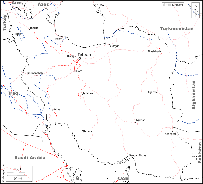 Iran : d-maps.com: mappa gratuita, mappa muta gratuita, cartina muta gratuita : frontiere, idrografia, principali città, strade, nomi, bianco