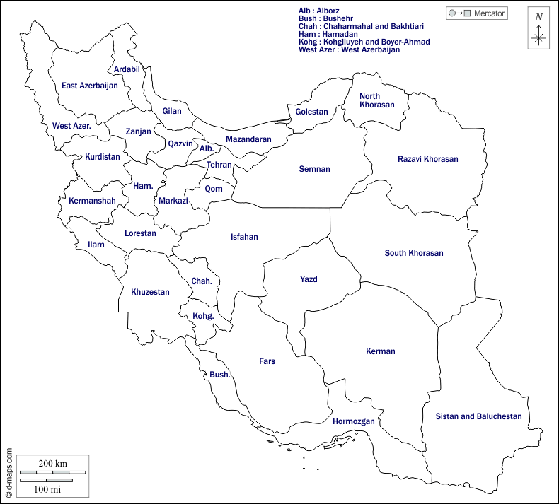 Iran : d-maps.com: mappa gratuita, mappa muta gratuita, cartina muta gratuita : contorni, province, nomi, bianco