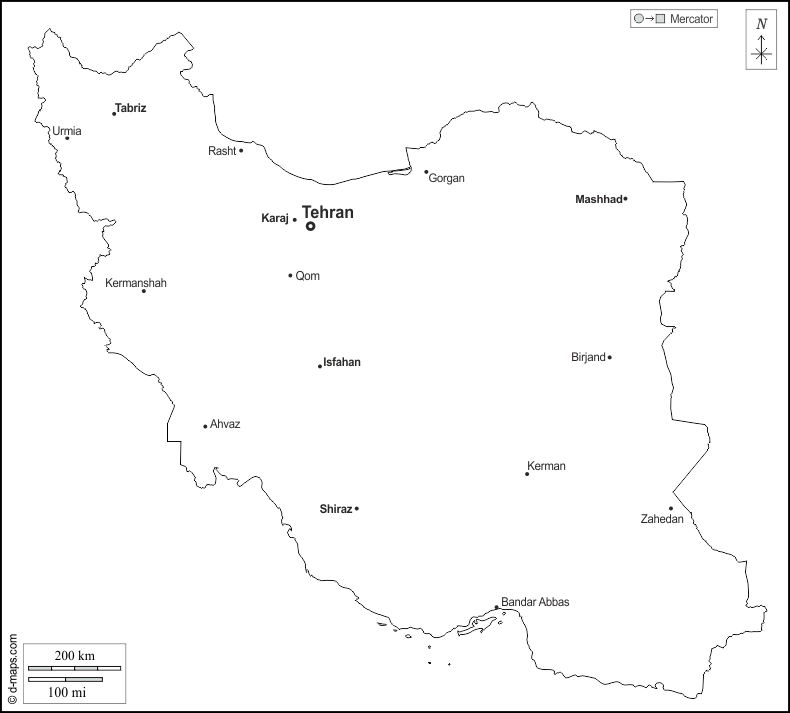 Iran : d-maps.com: mappa gratuita, mappa muta gratuita, cartina muta gratuita : contorni, principali città, nomi, bianco