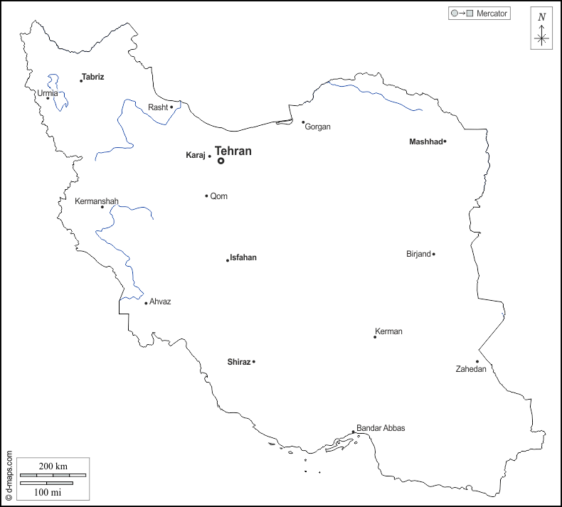 Iran : d-maps.com: mappa gratuita, mappa muta gratuita, cartina muta gratuita : contorni, idrografia, principali città, nomi, bianco