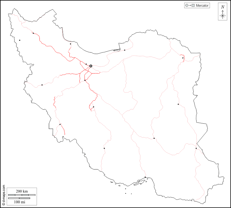 Iran : d-maps.com: mappa gratuita, mappa muta gratuita, cartina muta gratuita : contorni, principali città, strade, bianco